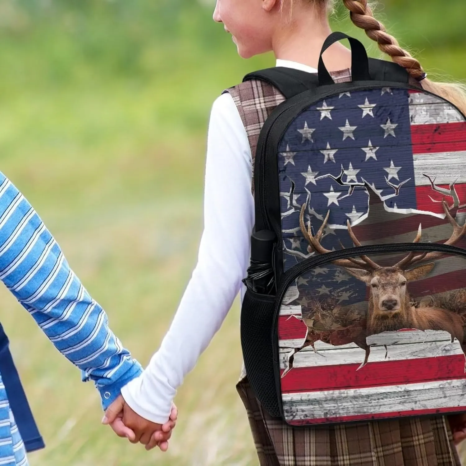 3D USA Flag Elk Print School Backpack for Boys Girls Lightweight Book Bag with Zippered Pockets, Large Capacity Travel Laptop Backpack Daypack Rucksack for Outdoor