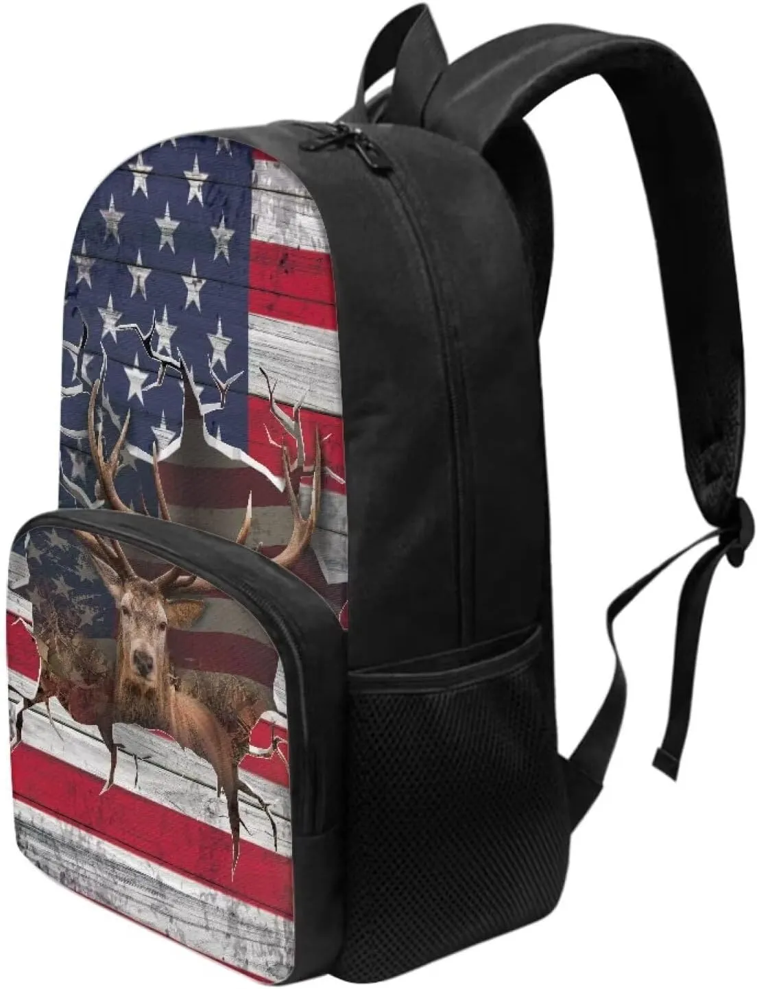 3D USA Flag Elk Print School Backpack for Boys Girls Lightweight Book Bag with Zippered Pockets, Large Capacity Travel Laptop Backpack Daypack Rucksack for Outdoor