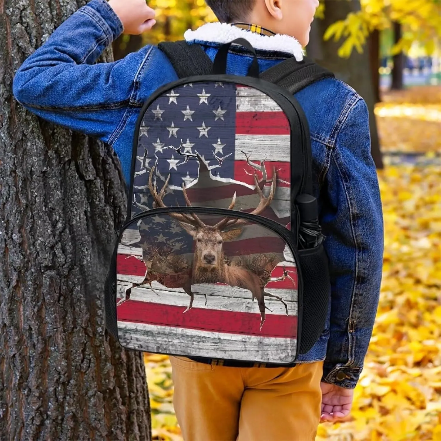 3D USA Flag Elk Print School Backpack for Boys Girls Lightweight Book Bag with Zippered Pockets, Large Capacity Travel Laptop Backpack Daypack Rucksack for Outdoor