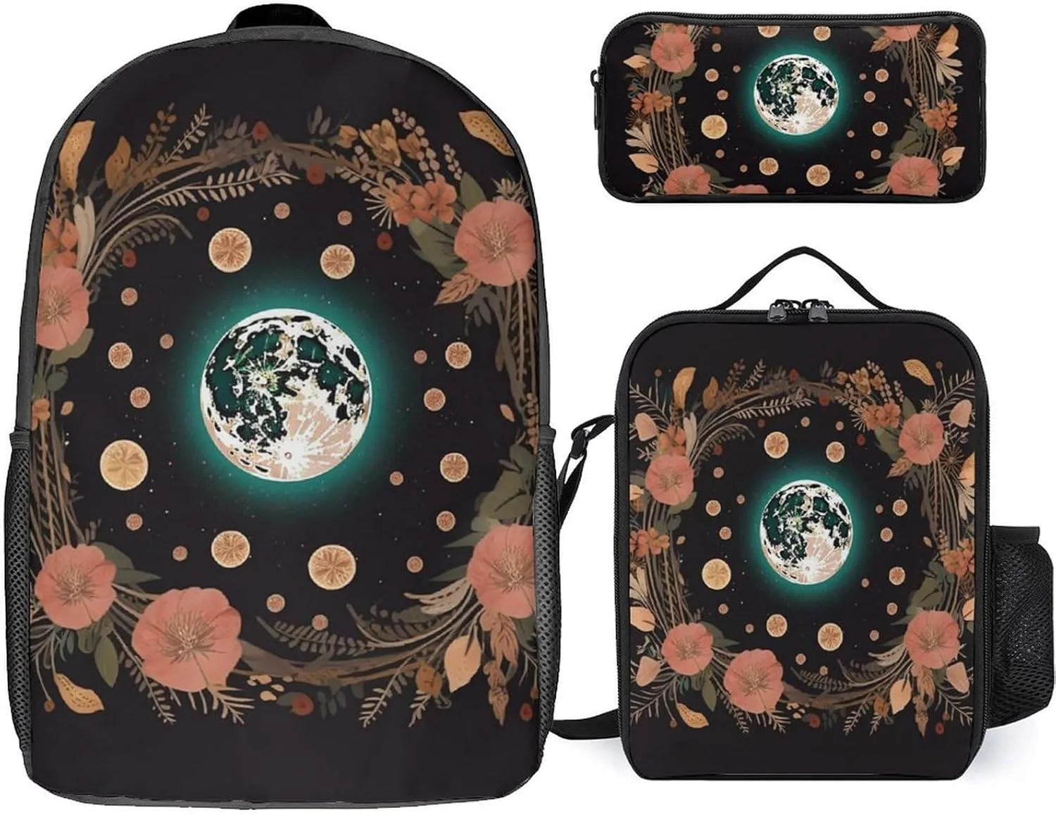 3PCS Astrology Plant Moon Phase Flower Backpack Set, 17 Inch Backpack with Portable Lunch Bag And Pencil Case for Work/Picnic/Travel