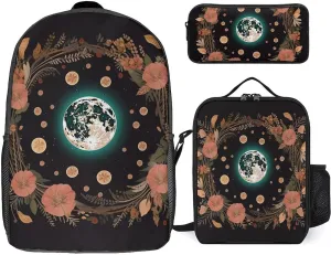 3PCS Astrology Plant Moon Phase Flower Backpack Set, 17 Inch Backpack with Portable Lunch Bag And Pencil Case for Work/Picnic/Travel