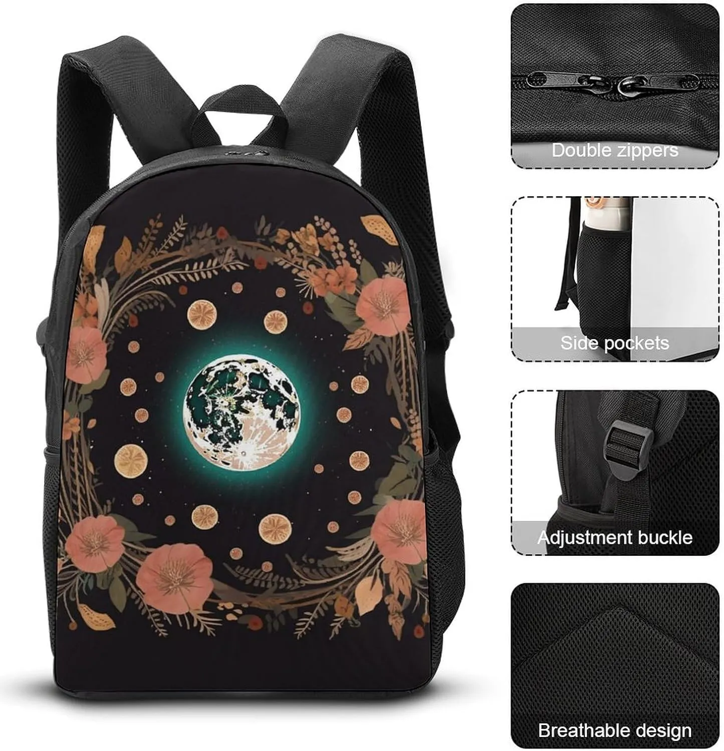 3PCS Astrology Plant Moon Phase Flower Backpack Set, 17 Inch Backpack with Portable Lunch Bag And Pencil Case for Work/Picnic/Travel