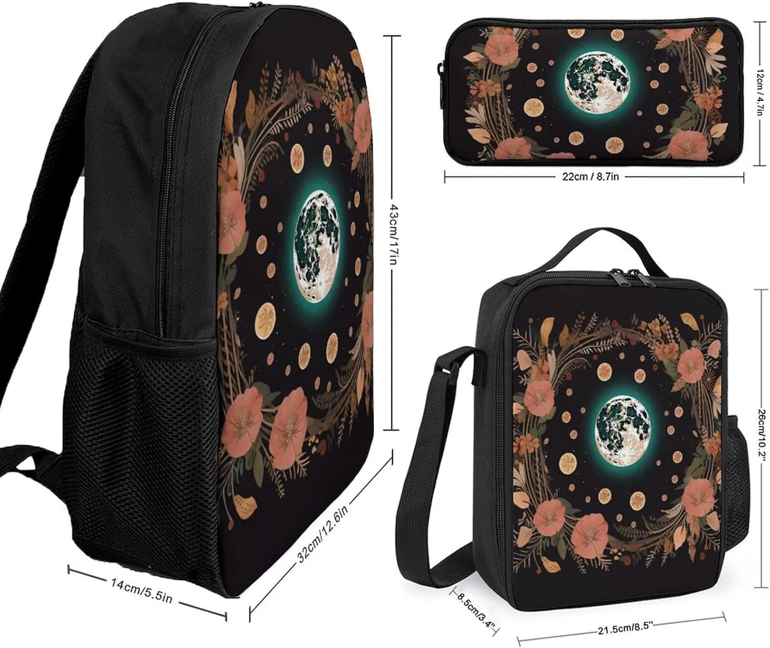3PCS Astrology Plant Moon Phase Flower Backpack Set, 17 Inch Backpack with Portable Lunch Bag And Pencil Case for Work/Picnic/Travel