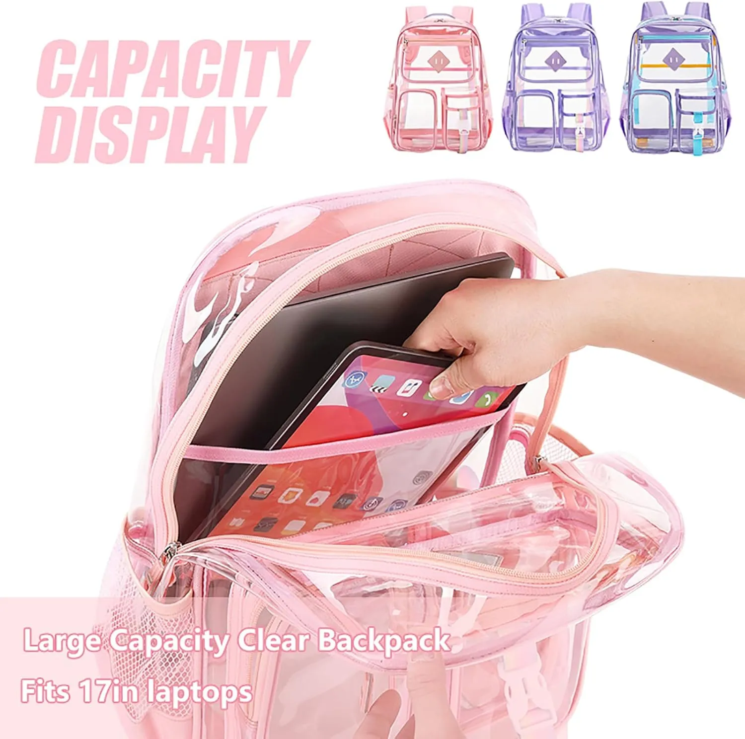 3Pcs Clear Backpack Set, Heavy Duty PVC Transparent Daypack 17in Laptop bag, See Through Large Capacity Double Shoulder Backpack with Plush Pencil Case Key Chain(Purple)