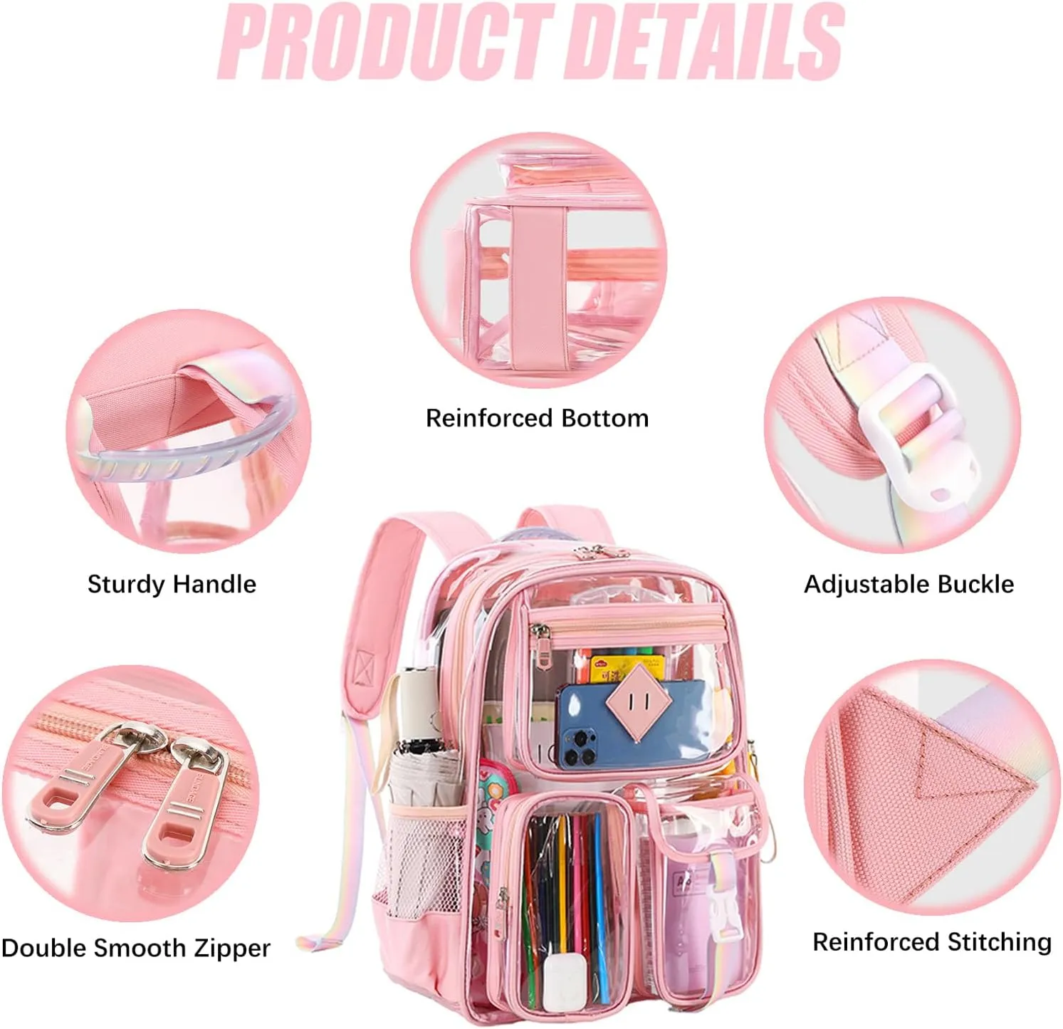 3Pcs Clear Backpack Set, Heavy Duty PVC Transparent Daypack 17in Laptop bag, See Through Large Capacity Double Shoulder Backpack with Plush Pencil Case Key Chain(Purple)