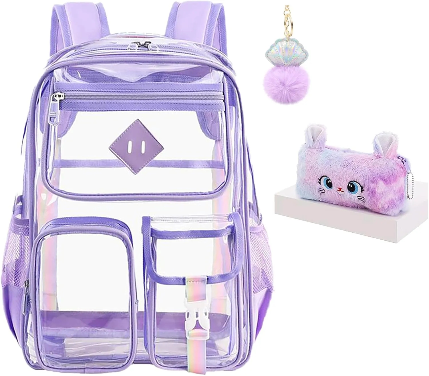 3Pcs Clear Backpack Set, Heavy Duty PVC Transparent Daypack 17in Laptop bag, See Through Large Capacity Double Shoulder Backpack with Plush Pencil Case Key Chain(Purple)