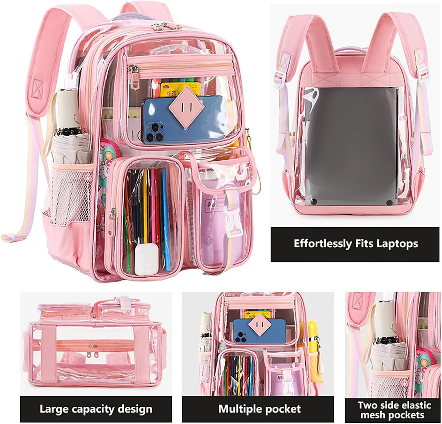 3Pcs Clear Backpack Set, Heavy Duty PVC Transparent Daypack 17in Laptop bag, See Through Large Capacity Double Shoulder Backpack with Plush Pencil Case Key Chain(Purple)