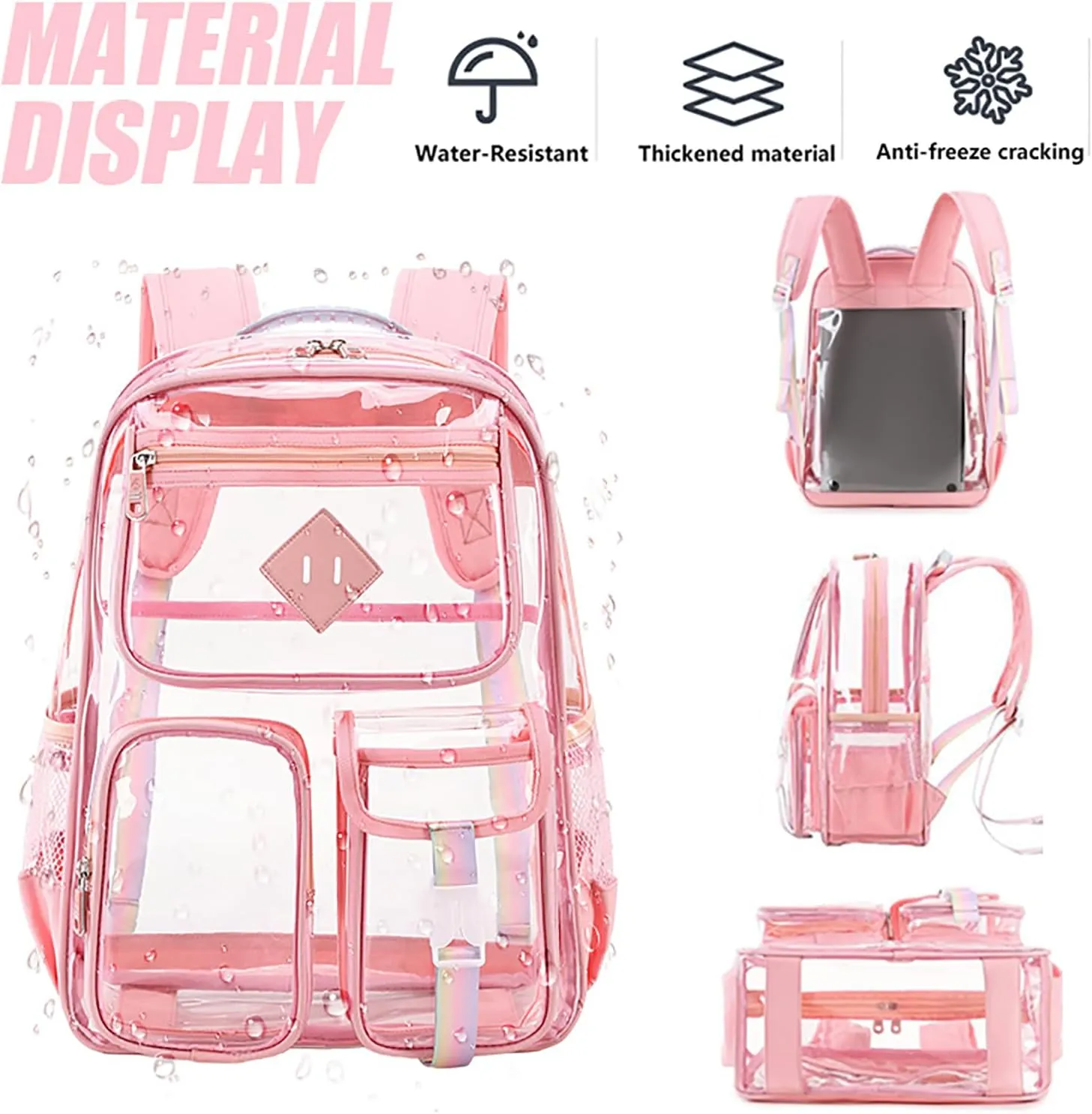 3Pcs Clear Backpack Set, Heavy Duty PVC Transparent Daypack 17in Laptop bag, See Through Large Capacity Double Shoulder Backpack with Plush Pencil Case Key Chain(Purple)