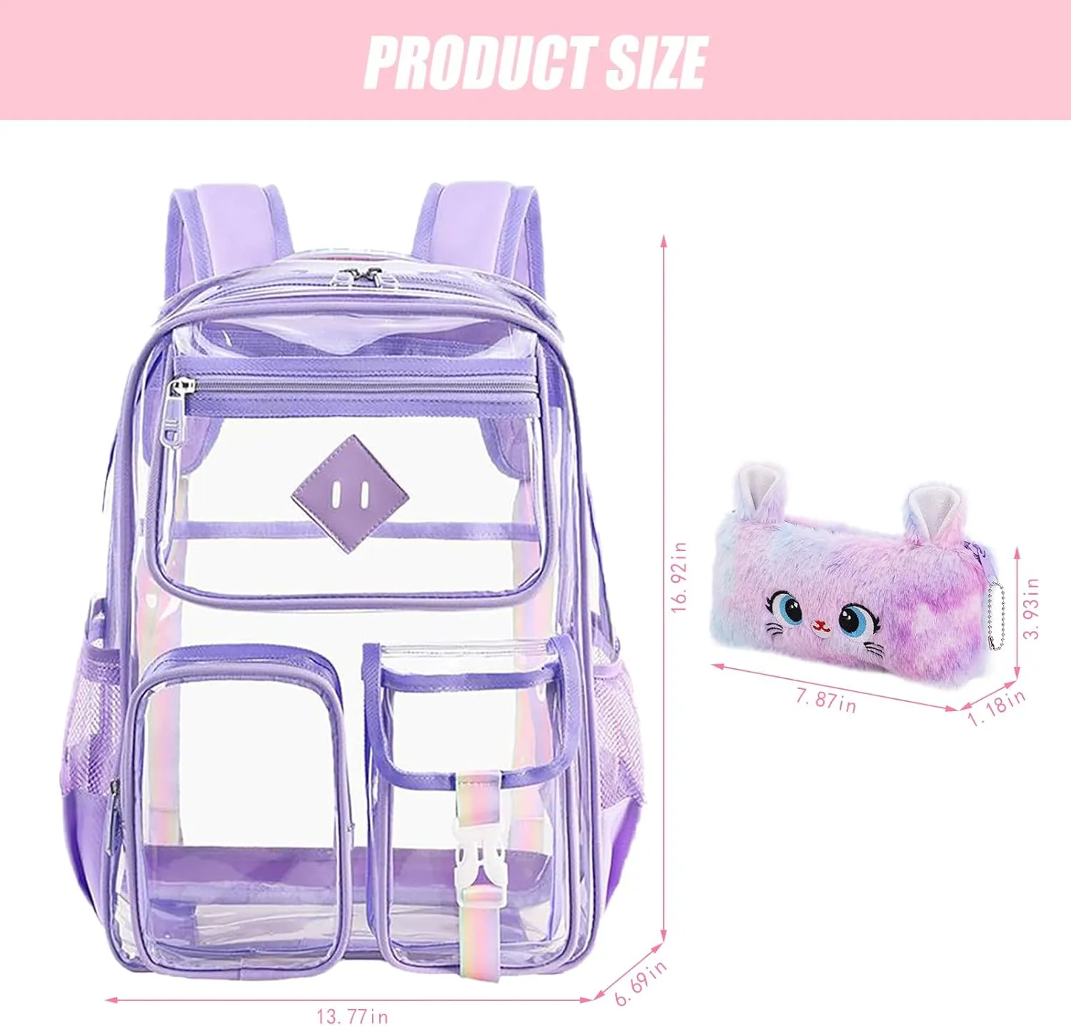 3Pcs Clear Backpack Set, Heavy Duty PVC Transparent Daypack 17in Laptop bag, See Through Large Capacity Double Shoulder Backpack with Plush Pencil Case Key Chain(Purple)