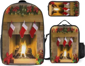 3PCS Colorful Xmas Tree Fireplace Backpack Set, 17 Inch Backpack with Portable Lunch Bag And Pencil Case for Work/Picnic/Travel