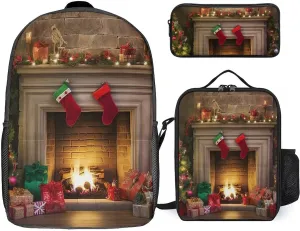 3PCS Colorful Xmas Tree Fireplace Backpack Set, 17 Inch Backpack with Portable Lunch Bag And Pencil Case for Work/Picnic/Travel