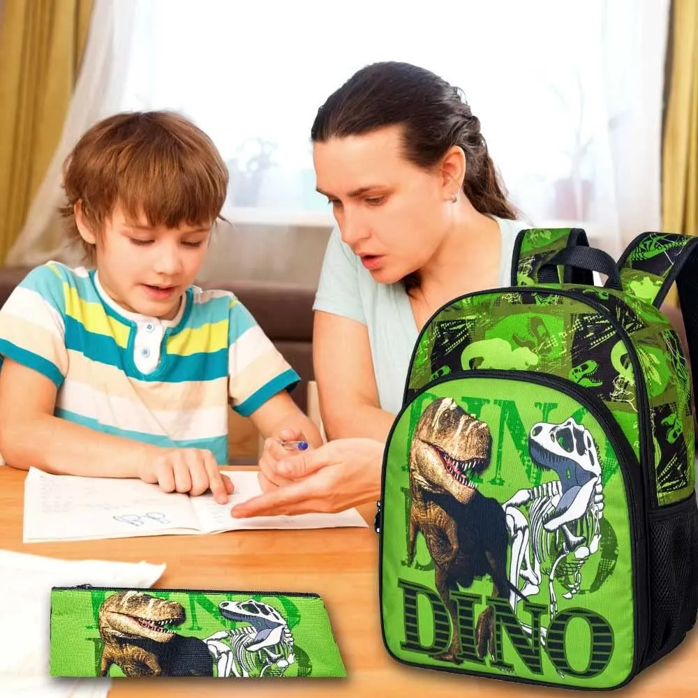 3PCS Dinosaur Backpack for Boys, 16 Inch Kids Water Resistant Preschool Elementary Kindergarten Bookbags and Lunch Box
