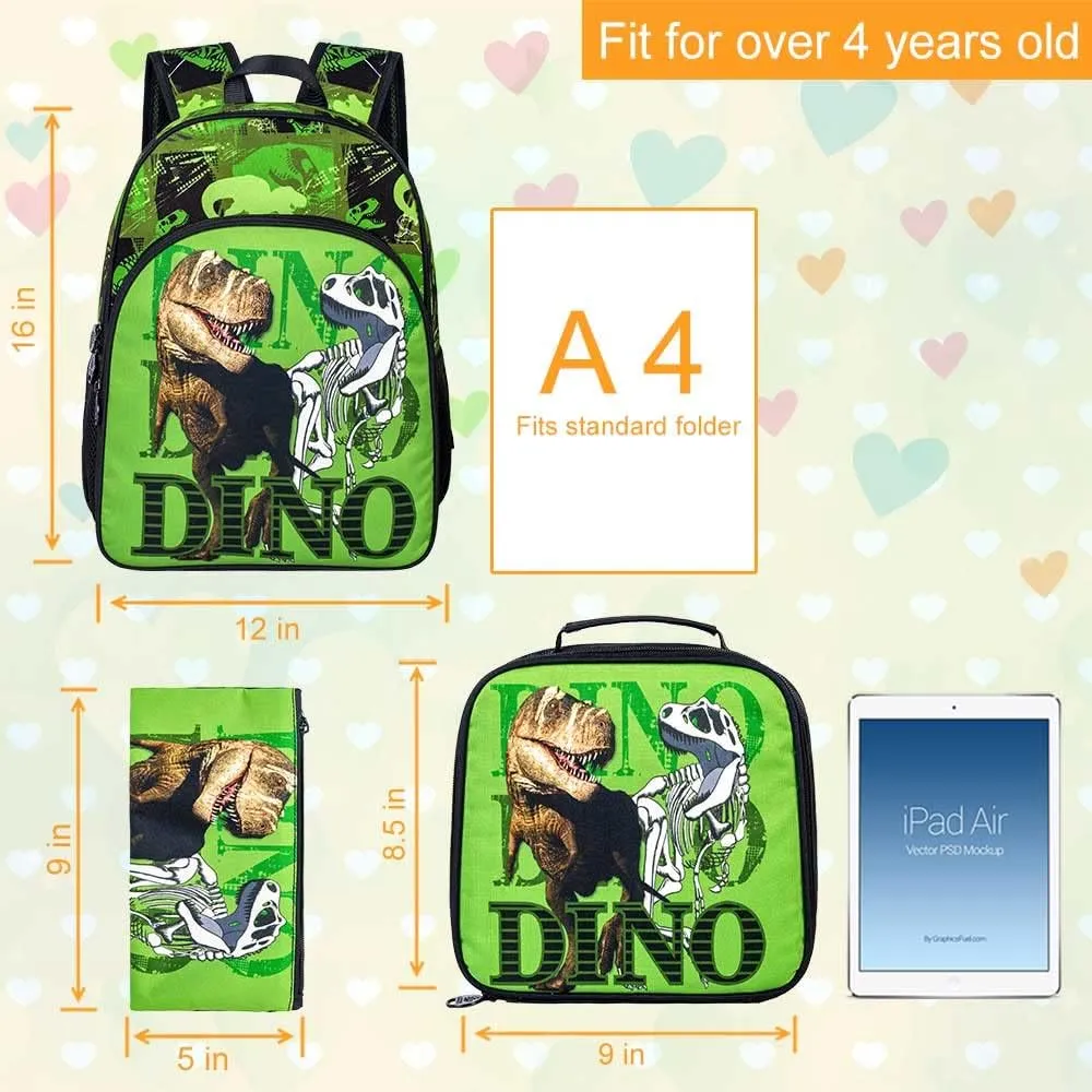 3PCS Dinosaur Backpack for Boys, 16 Inch Kids Water Resistant Preschool Elementary Kindergarten Bookbags and Lunch Box