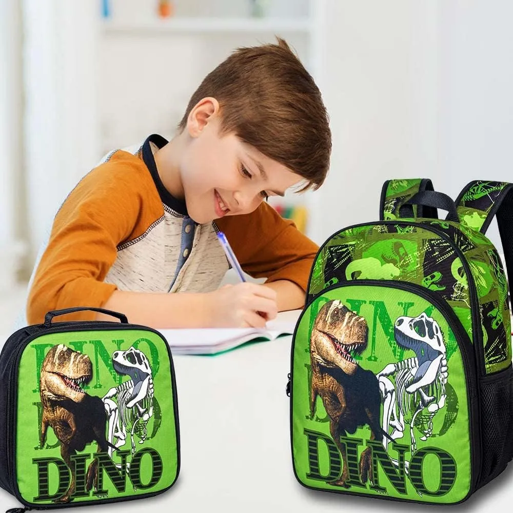 3PCS Dinosaur Backpack for Boys, 16 Inch Kids Water Resistant Preschool Elementary Kindergarten Bookbags and Lunch Box