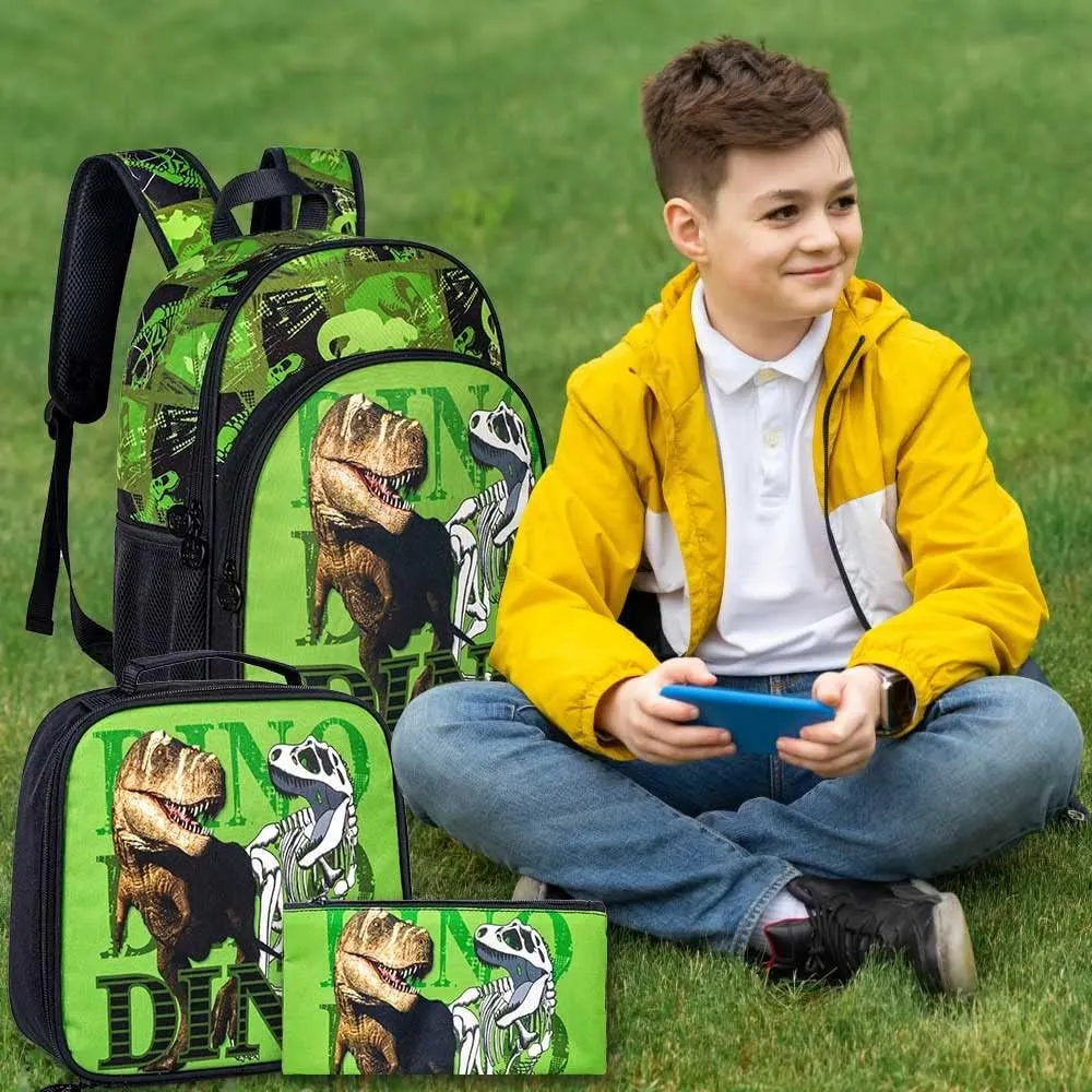 3PCS Dinosaur Backpack for Boys, 16 Inch Kids Water Resistant Preschool Elementary Kindergarten Bookbags and Lunch Box