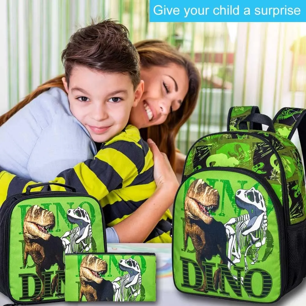 3PCS Dinosaur Backpack for Boys, 16 Inch Kids Water Resistant Preschool Elementary Kindergarten Bookbags and Lunch Box