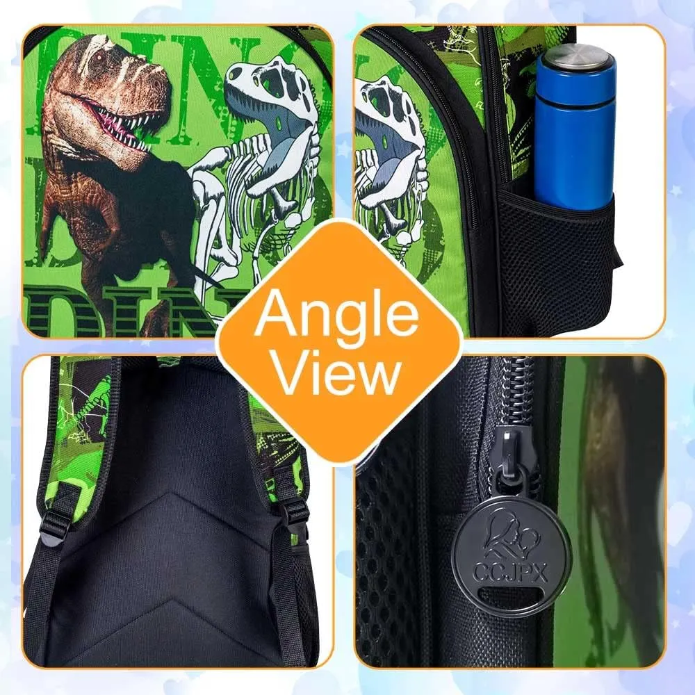 3PCS Dinosaur Backpack for Boys, 16 Inch Kids Water Resistant Preschool Elementary Kindergarten Bookbags and Lunch Box