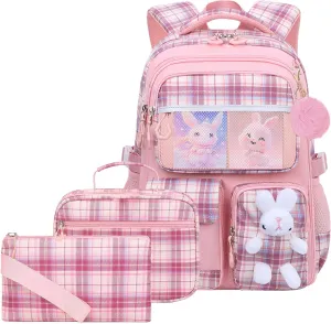3pcs Girls Backpack With Lunch Box & Pencil Case,Cute Rabbit Kids School Backpack Set For Kindergarten & Elementary School (Style B Pink-16.5in)