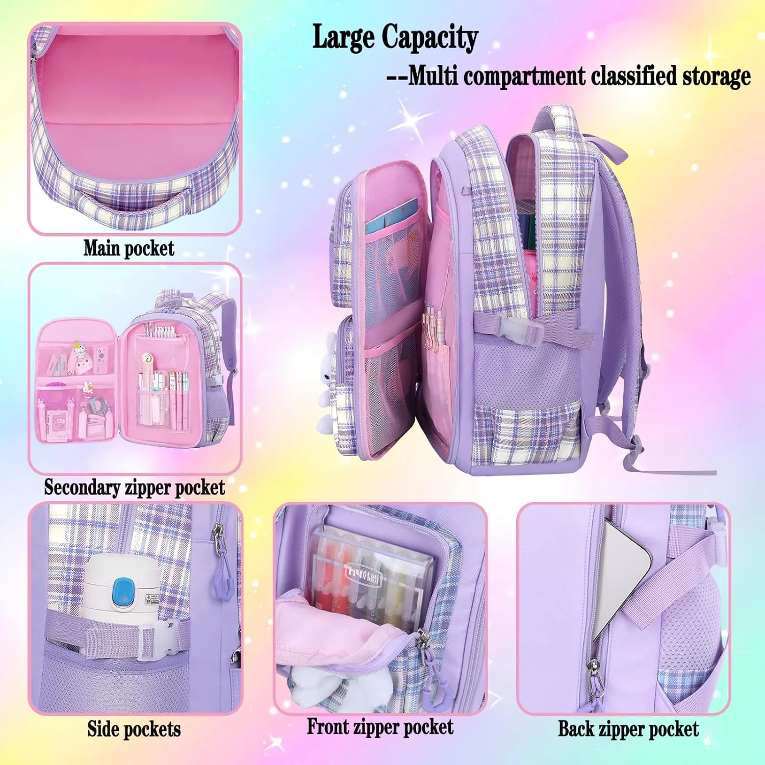 3pcs Girls Backpack With Lunch Box & Pencil Case,Cute Rabbit Kids School Backpack Set For Kindergarten & Elementary School (Style B Pink-16.5in)
