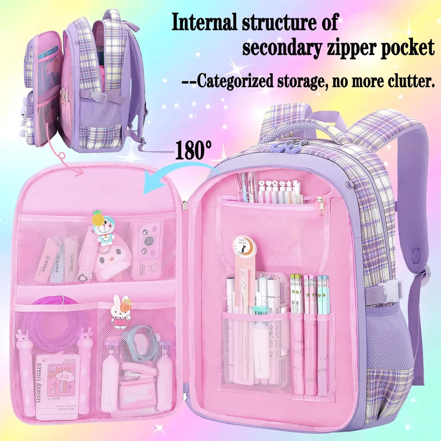 3pcs Girls Backpack With Lunch Box & Pencil Case,Cute Rabbit Kids School Backpack Set For Kindergarten & Elementary School (Style B Pink-16.5in)