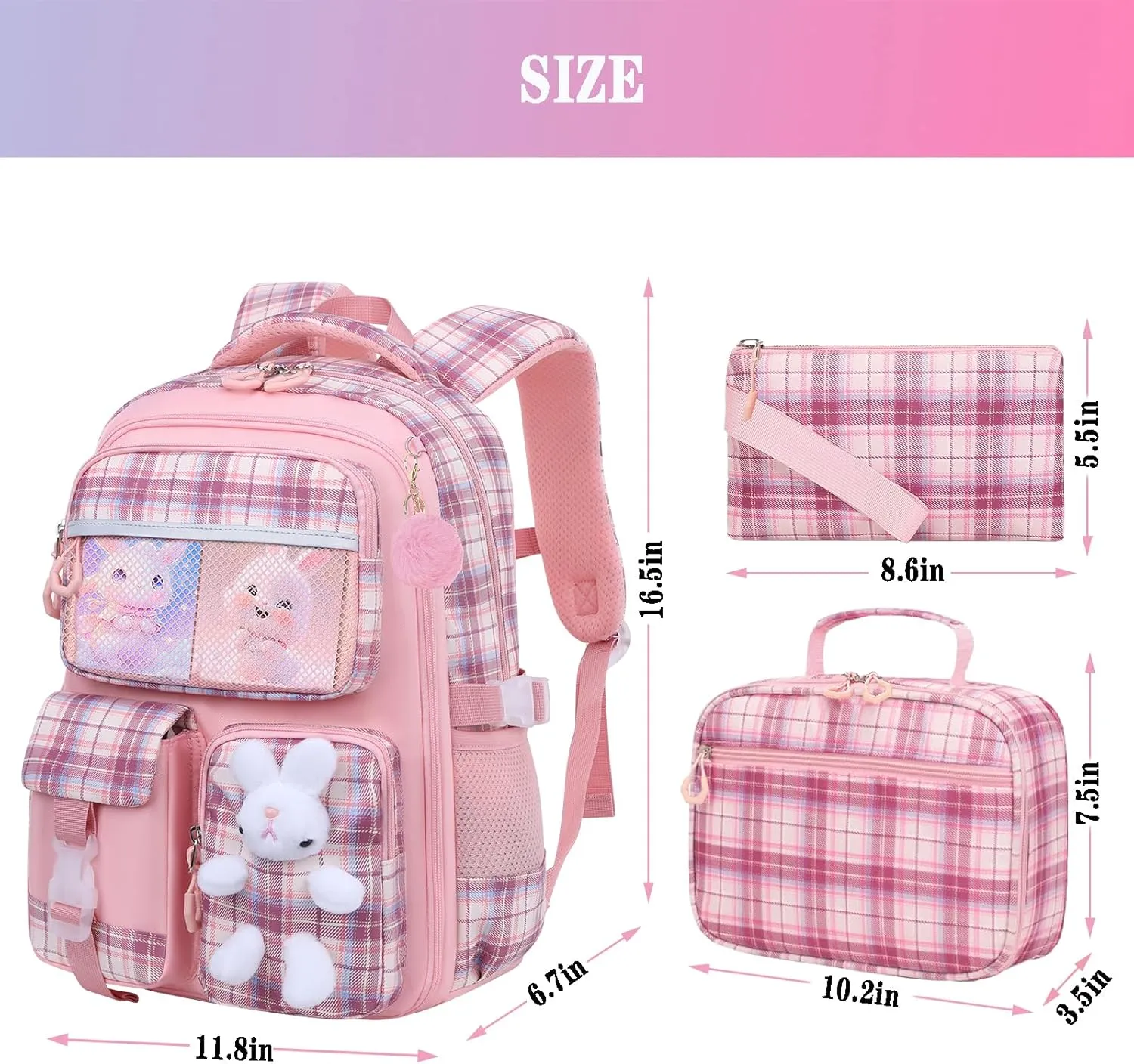 3pcs Girls Backpack With Lunch Box & Pencil Case,Cute Rabbit Kids School Backpack Set For Kindergarten & Elementary School (Style B Pink-16.5in)