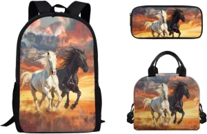 3PCS Horse School Backpack Set for Girls Boys 8-12, 17 Inch Boys Bookbag Kids Backpack with Lunch Box Pencil Case for Elementary Middle High School Student, Orange