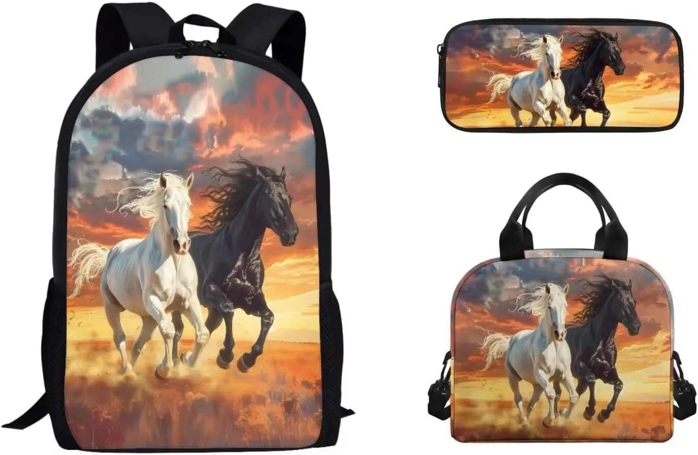 3PCS Horse School Backpack Set for Girls Boys 8-12, 17 Inch Boys Bookbag Kids Backpack with Lunch Box Pencil Case for Elementary Middle High School Student, Orange
