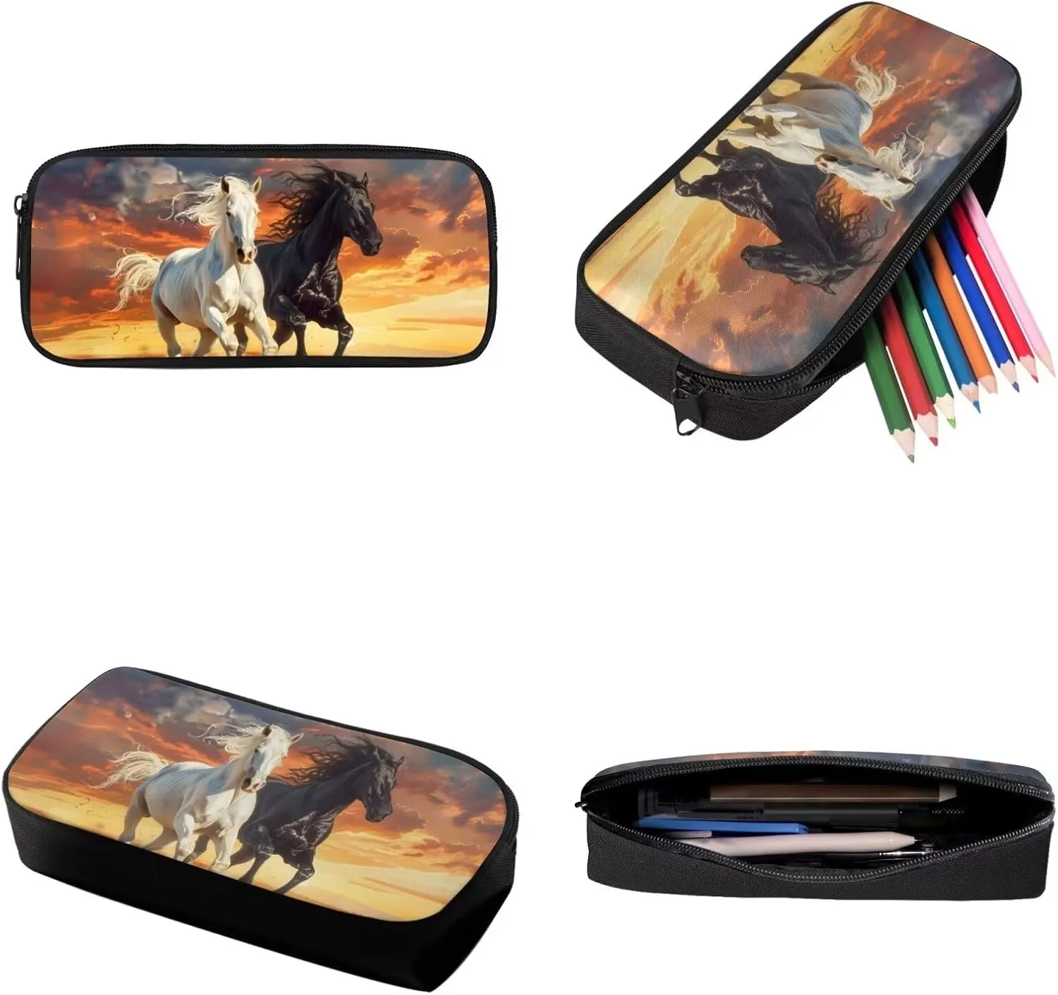 3PCS Horse School Backpack Set for Girls Boys 8-12, 17 Inch Boys Bookbag Kids Backpack with Lunch Box Pencil Case for Elementary Middle High School Student, Orange