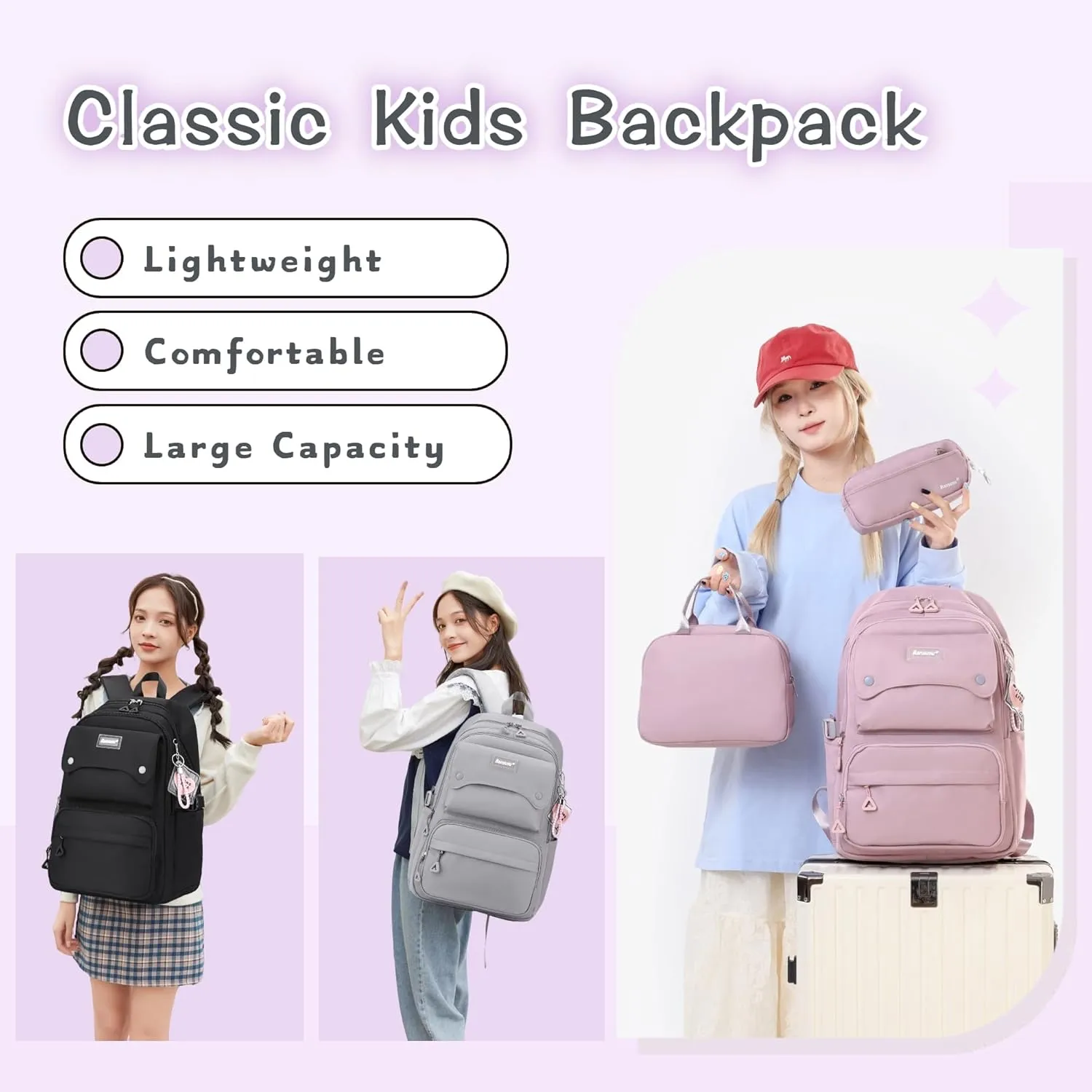 3Pcs Light Blue Kids Backpack for Teen Girls with Lunchbox, Blue Girls Backpack Multi-Pocket Casual School Bag, Blue