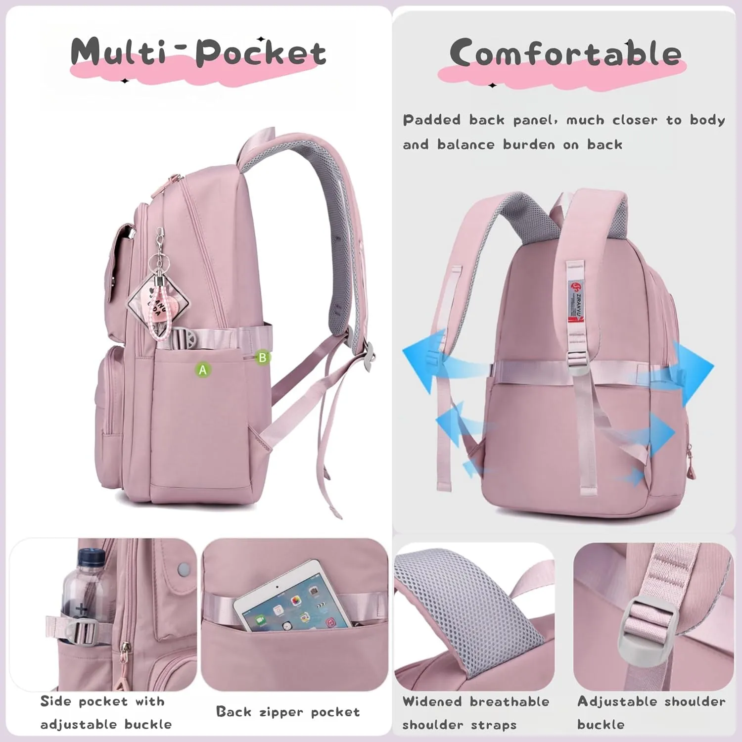 3Pcs Light Blue Kids Backpack for Teen Girls with Lunchbox, Blue Girls Backpack Multi-Pocket Casual School Bag, Blue