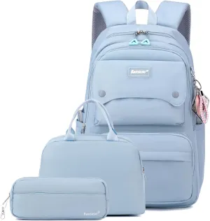 3Pcs Light Blue Kids Backpack for Teen Girls with Lunchbox, Blue Girls Backpack Multi-Pocket Casual School Bag, Blue