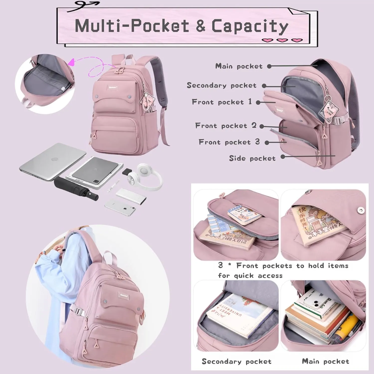 3Pcs Light Blue Kids Backpack for Teen Girls with Lunchbox, Blue Girls Backpack Multi-Pocket Casual School Bag, Blue