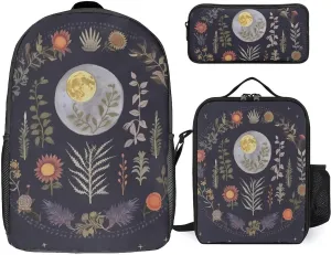 3PCS Nature Moon Phase Plant Backpack Set, 17 Inch Backpack with Portable Lunch Bag And Pencil Case for Work/Picnic/Travel, Style-3