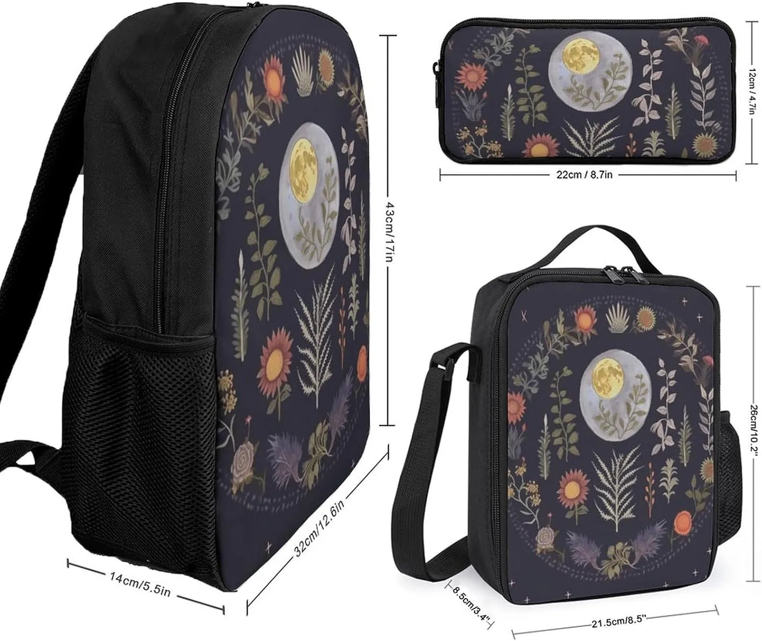 3PCS Nature Moon Phase Plant Backpack Set, 17 Inch Backpack with Portable Lunch Bag And Pencil Case for Work/Picnic/Travel, Style-3