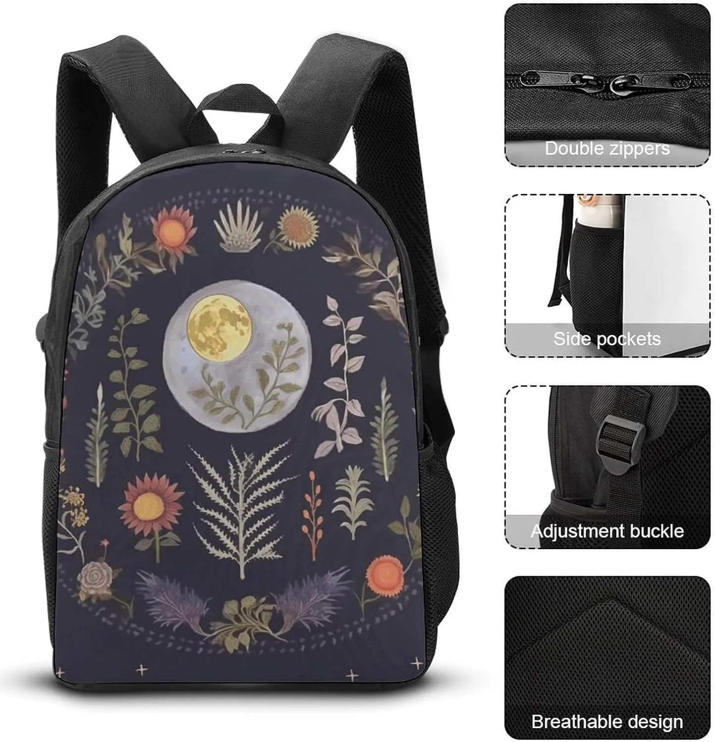 3PCS Nature Moon Phase Plant Backpack Set, 17 Inch Backpack with Portable Lunch Bag And Pencil Case for Work/Picnic/Travel, Style-3