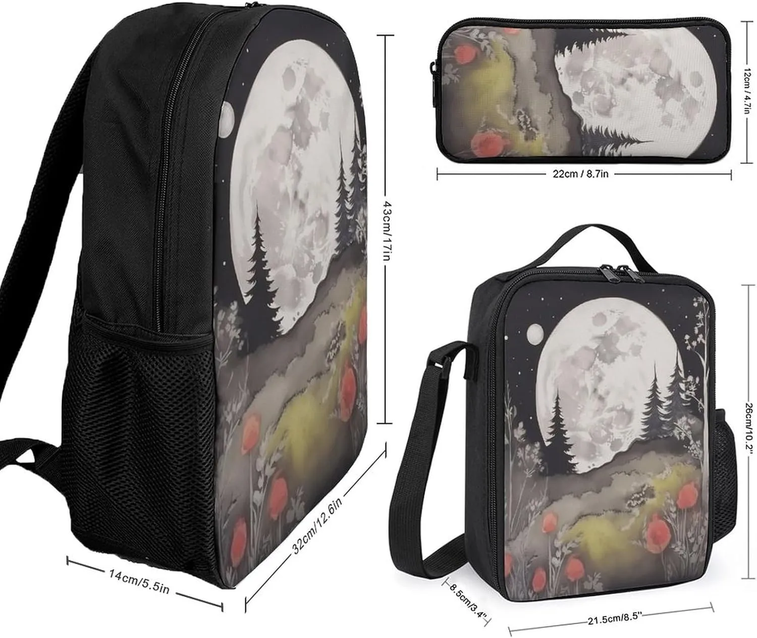 3PCS Nature Moon Phase Plant Forest Backpack Set, 17 Inch Backpack with Portable Lunch Bag And Pencil Case for Work/Picnic/Travel