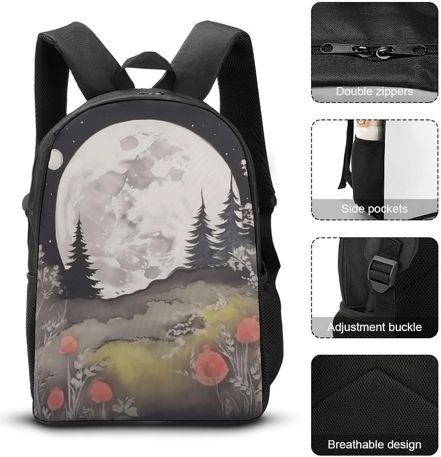 3PCS Nature Moon Phase Plant Forest Backpack Set, 17 Inch Backpack with Portable Lunch Bag And Pencil Case for Work/Picnic/Travel