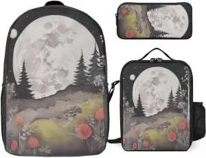 3PCS Nature Moon Phase Plant Forest Backpack Set, 17 Inch Backpack with Portable Lunch Bag And Pencil Case for Work/Picnic/Travel