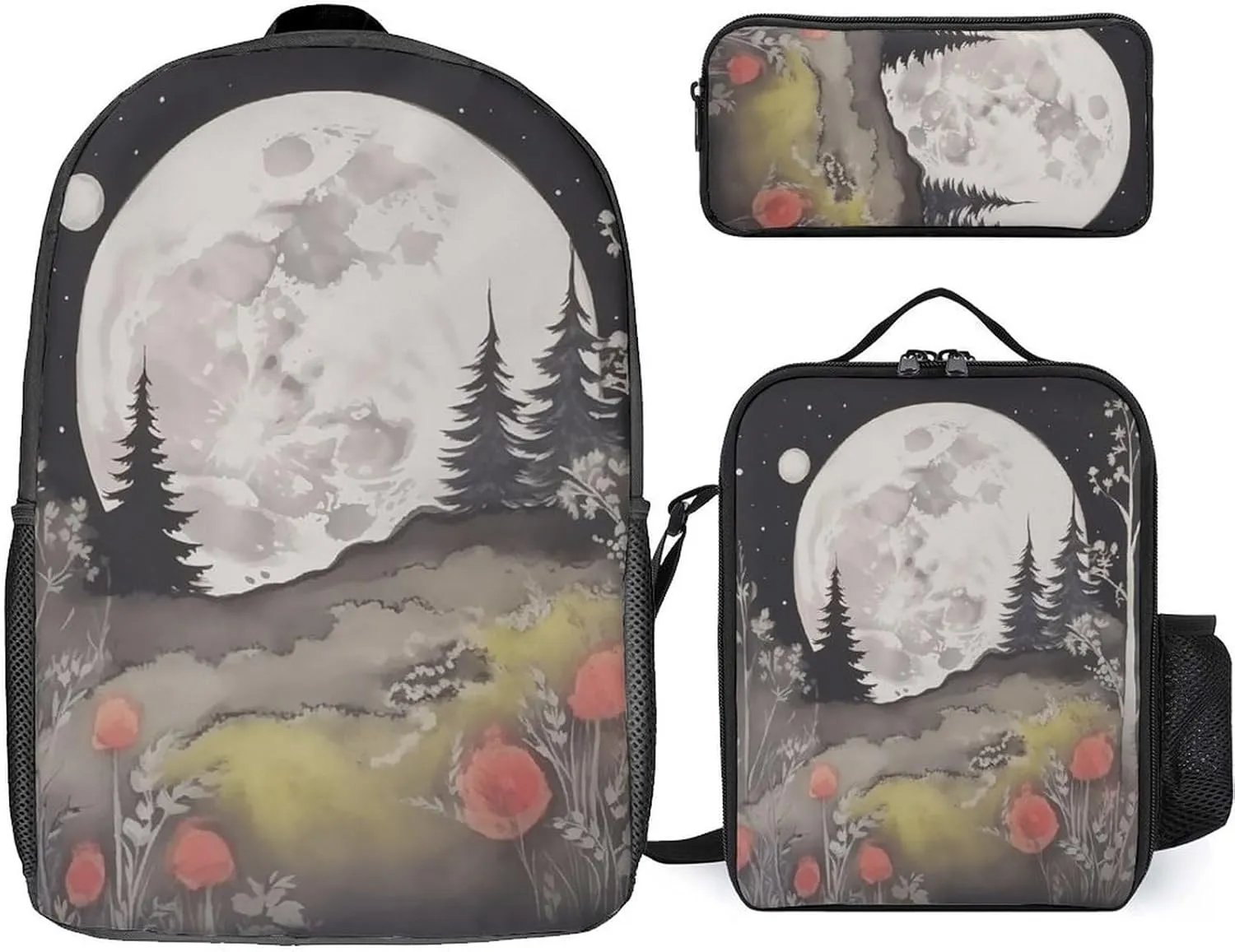 3PCS Nature Moon Phase Plant Forest Backpack Set, 17 Inch Backpack with Portable Lunch Bag And Pencil Case for Work/Picnic/Travel
