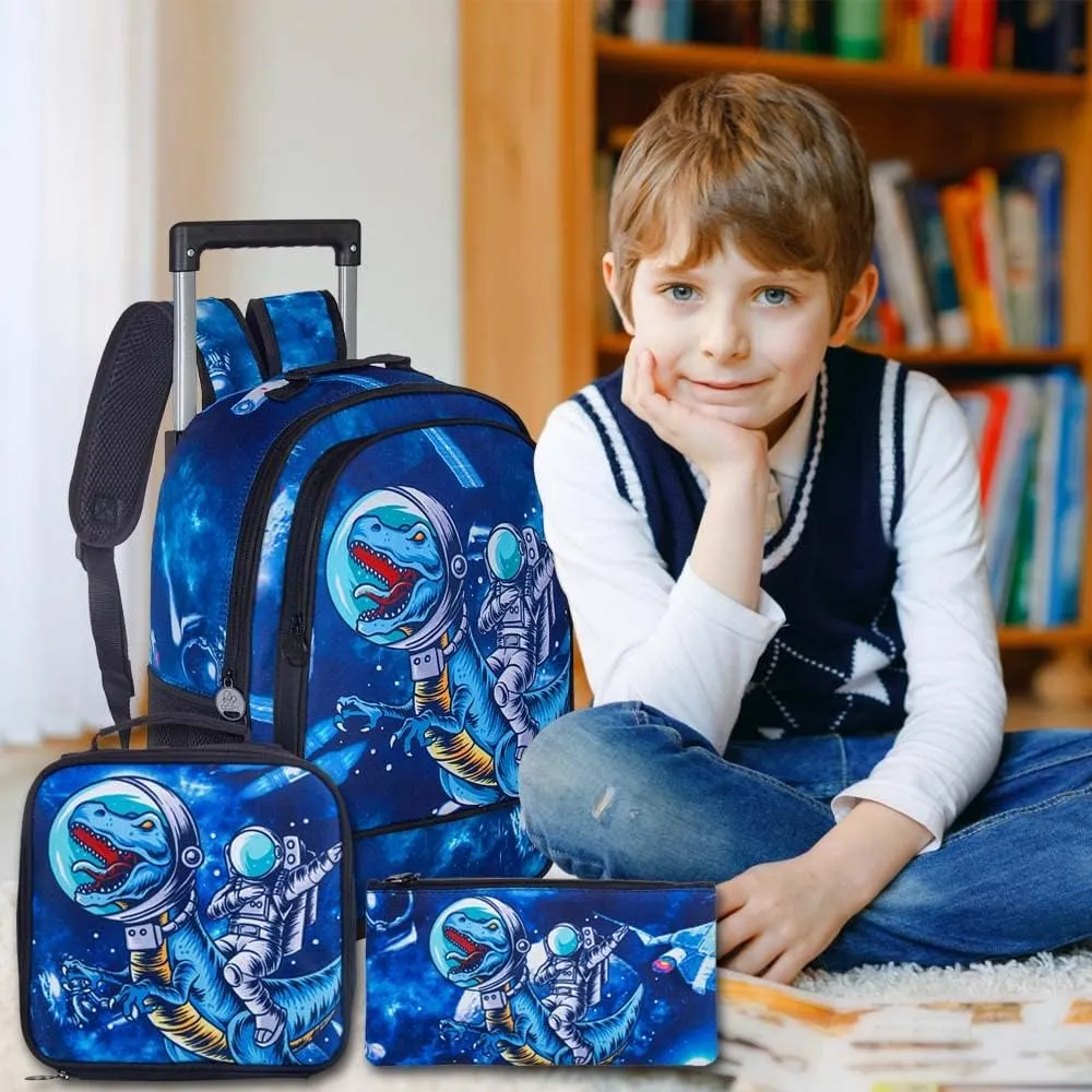 3PCS Rolling Backpack for Girls and Boys， Kids Unicorn Dinosaur Wheeled Bookbag