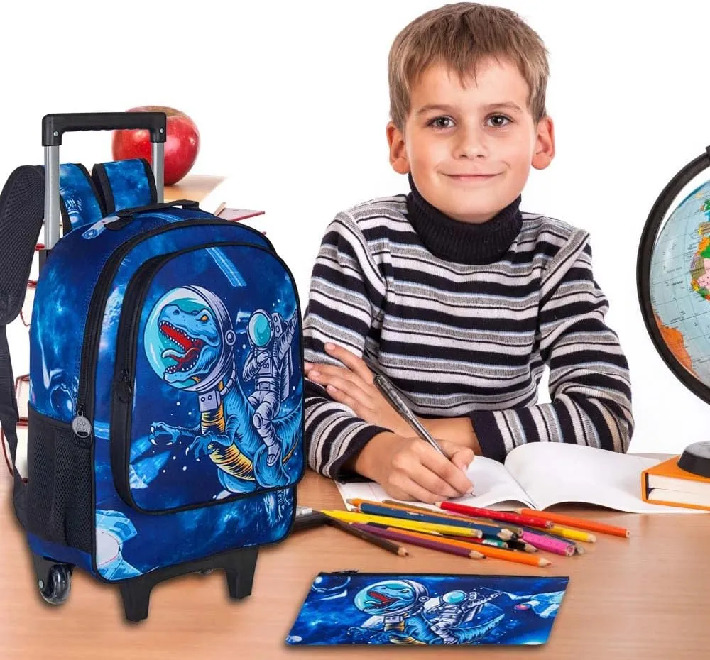 3PCS Rolling Backpack for Girls and Boys， Kids Unicorn Dinosaur Wheeled Bookbag