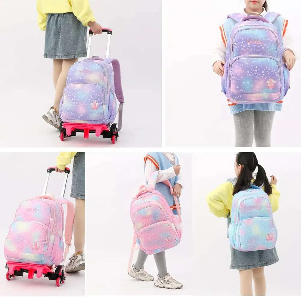 3Pcs Rolling Backpack for Girls Dream Princess Wind Bookbag with Wheels Travel Bag Trolley School Bag with Lunch Box Pink