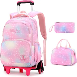 3Pcs Rolling Backpack for Girls Dream Princess Wind Bookbag with Wheels Travel Bag Trolley School Bag with Lunch Box Pink