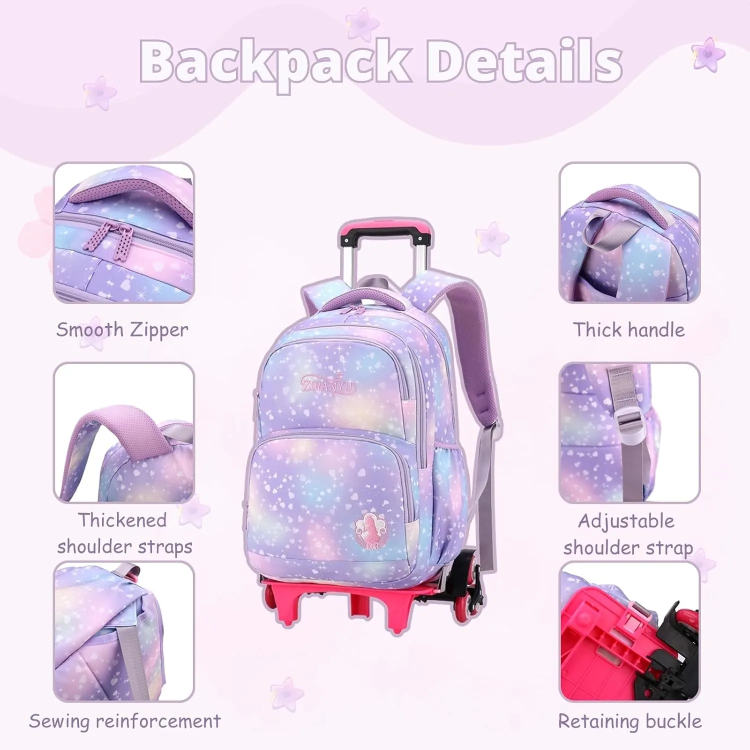 3Pcs Rolling Backpack for Girls Dream Princess Wind Bookbag with Wheels Travel Bag Trolley School Bag with Lunch Box Pink
