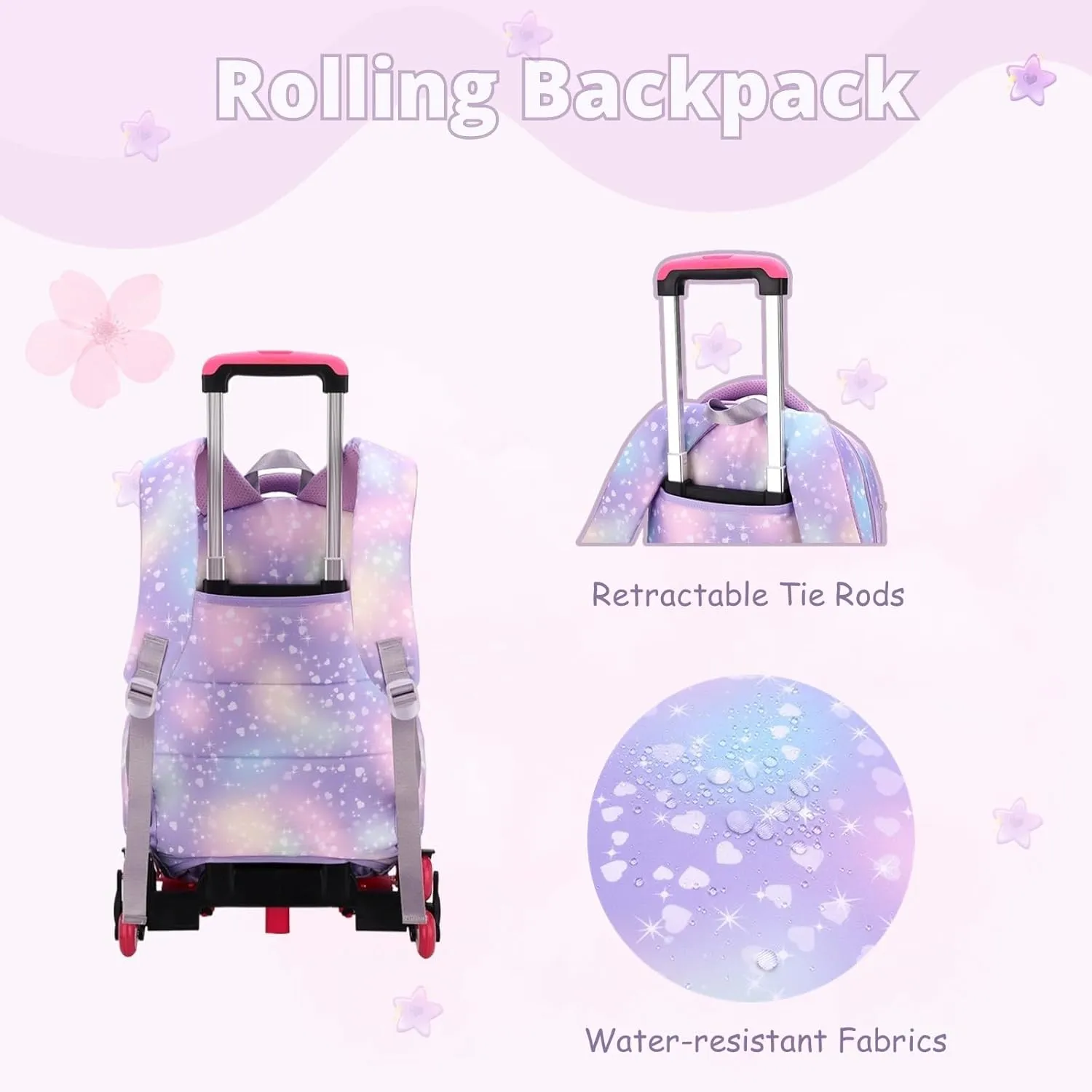 3Pcs Rolling Backpack for Girls Dream Princess Wind Bookbag with Wheels Travel Bag Trolley School Bag with Lunch Box Pink