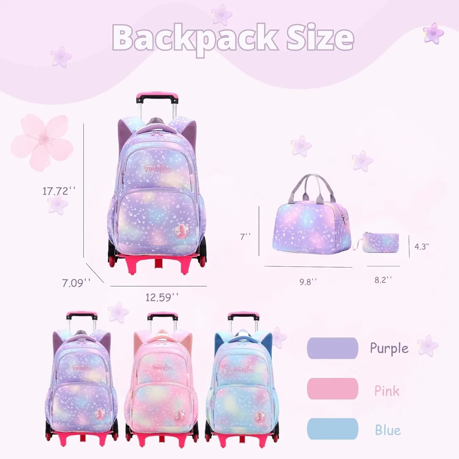 3Pcs Rolling Backpack for Girls Dream Princess Wind Bookbag with Wheels Travel Bag Trolley School Bag with Lunch Box Pink