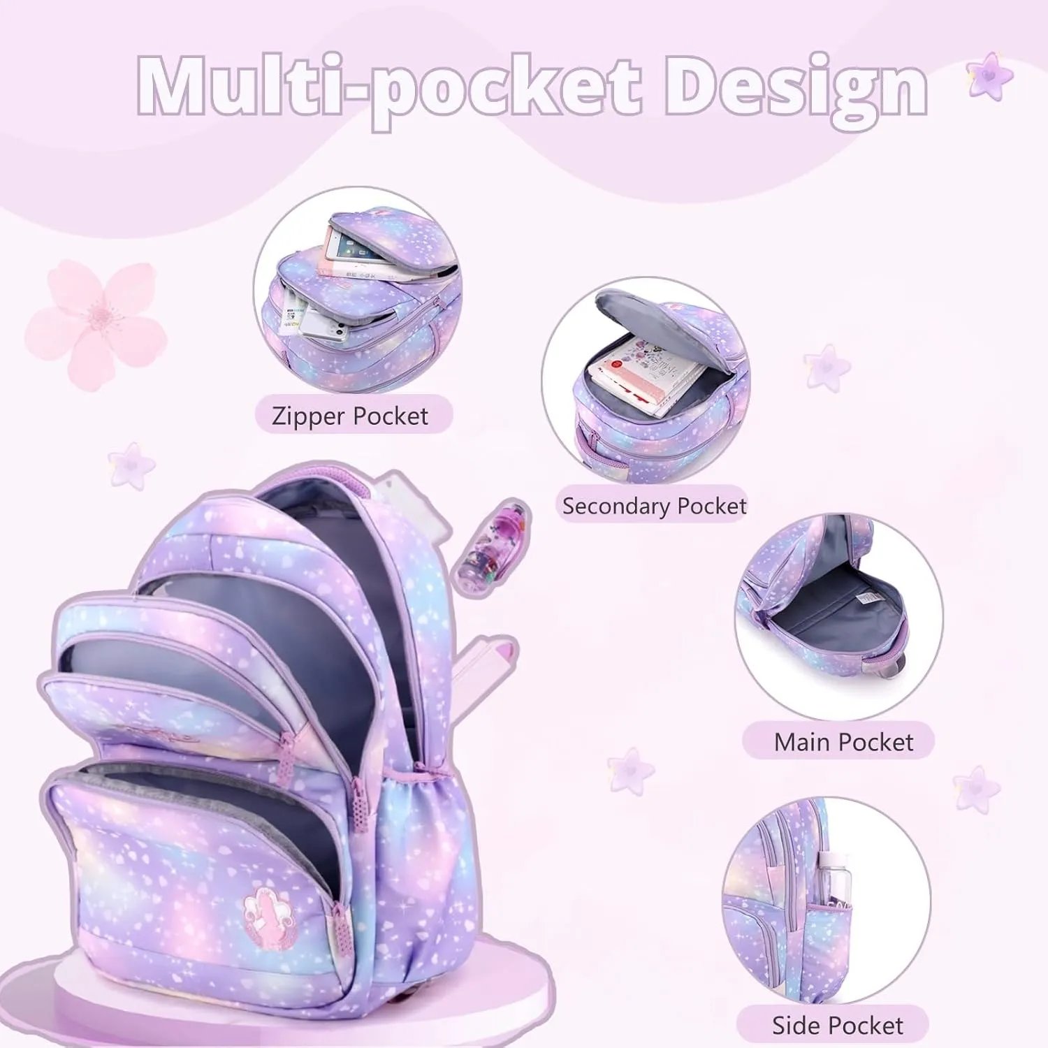 3Pcs Rolling Backpack for Girls Dream Princess Wind Bookbag with Wheels Travel Bag Trolley School Bag with Lunch Box Pink