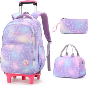 3Pcs Rolling Backpack for Girls Dream Princess Wind Bookbag with Wheels Travel Bag Trolley School Bag with Lunch Box Purple