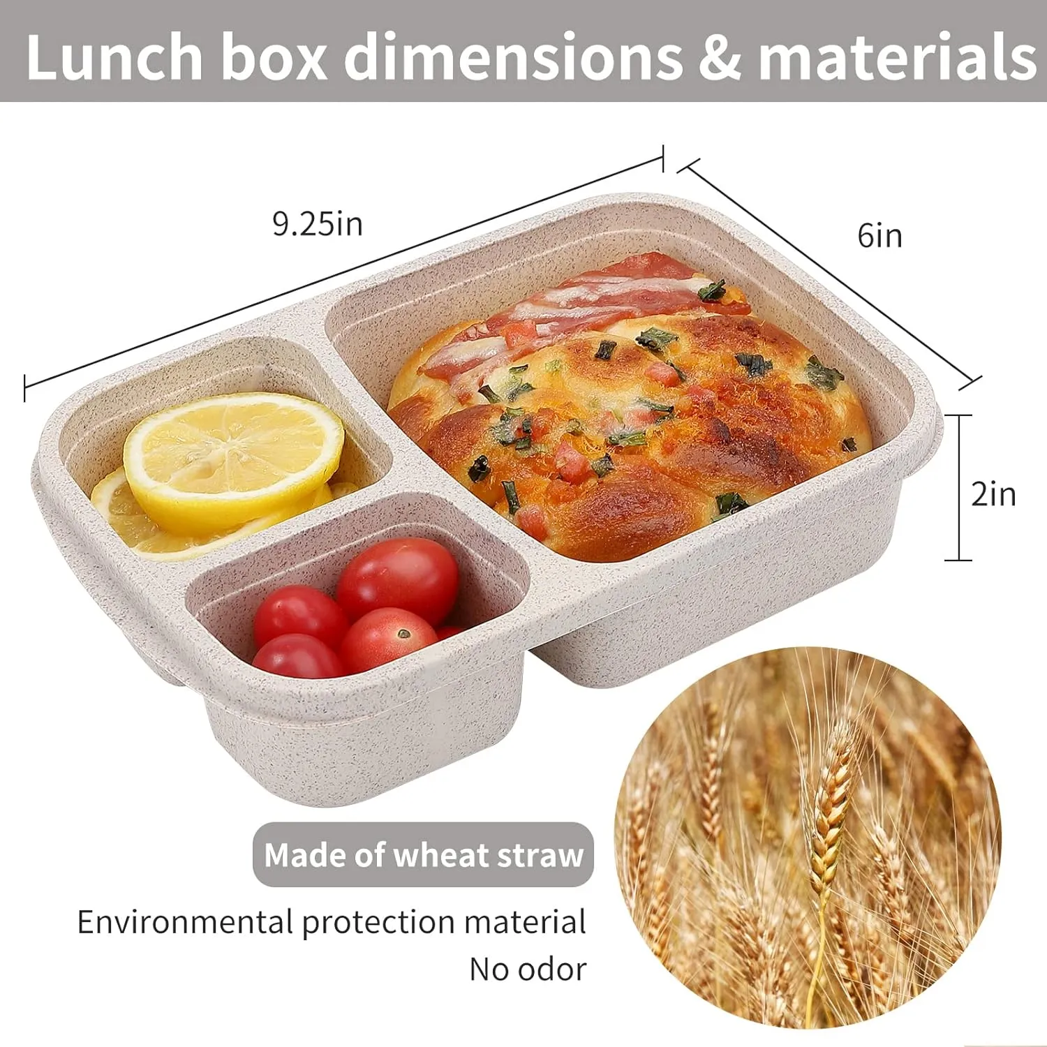 4 Pack Bento Lunch Box Set 3 Compartment Wheat Straw Meal Prep Food Storage Containers Plastic, Microwave and Dishwasher Safe (3 Compartment)
