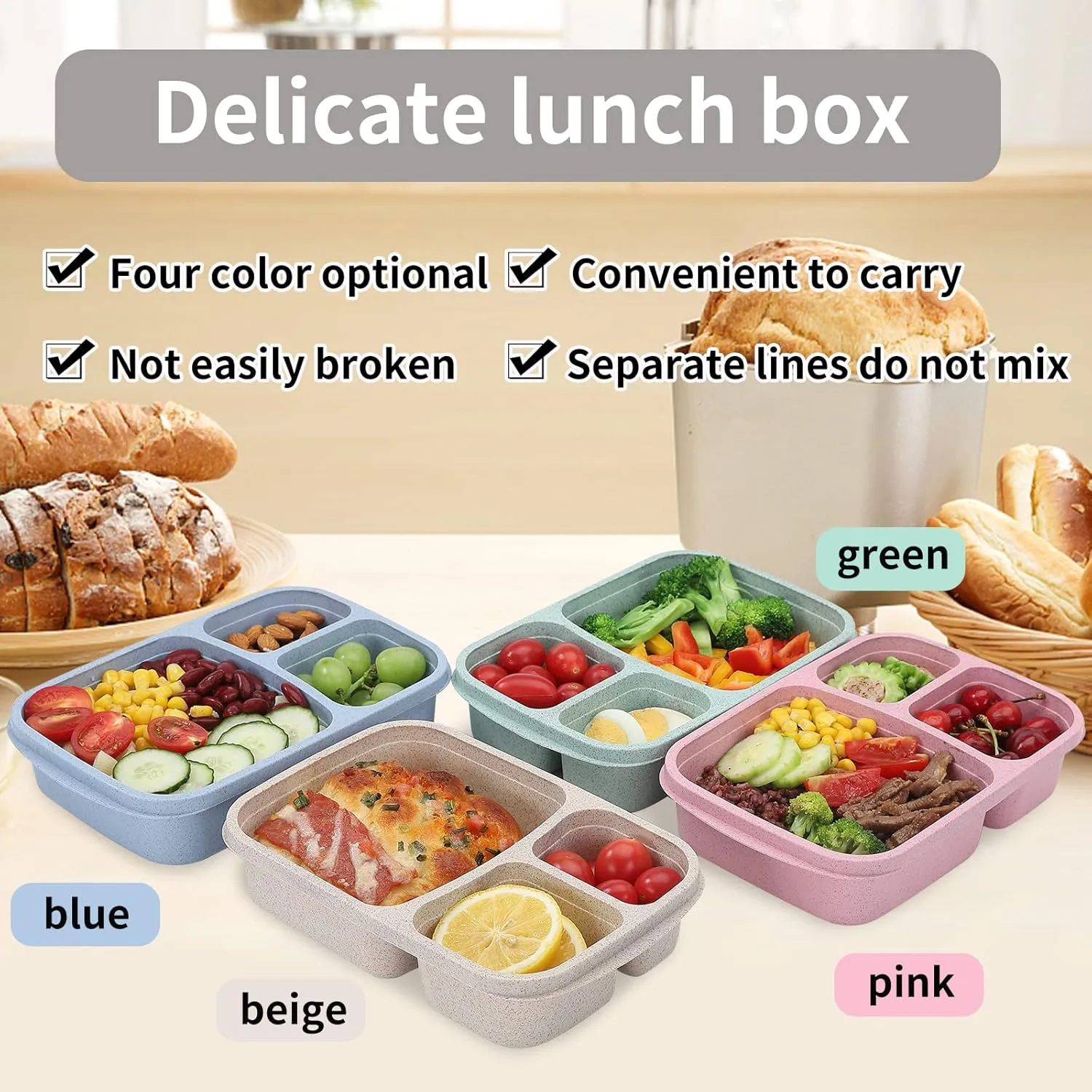4 Pack Bento Lunch Box Set 3 Compartment Wheat Straw Meal Prep Food Storage Containers Plastic, Microwave and Dishwasher Safe (3 Compartment)